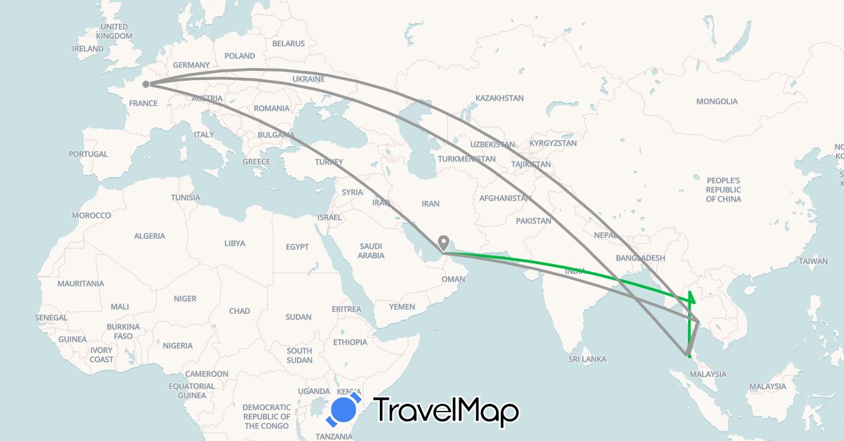 TravelMap itinerary: bus, plane in United Arab Emirates, France, Thailand (Asia, Europe)